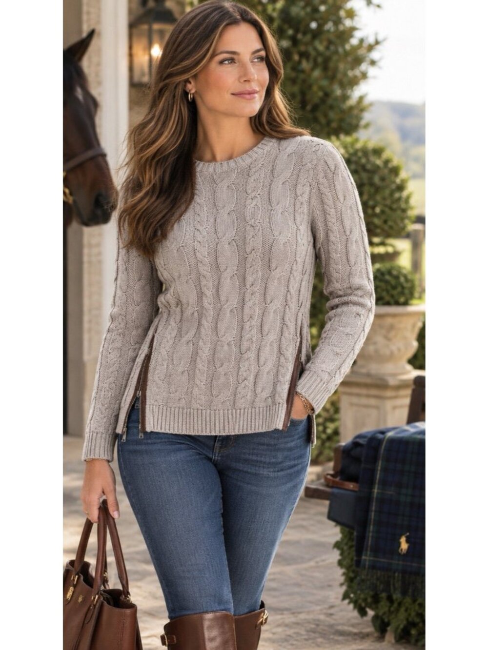 Polo Ralph Lauren Cable knit Sweater Woman's Small Leather Side Zip Preppy Luxe